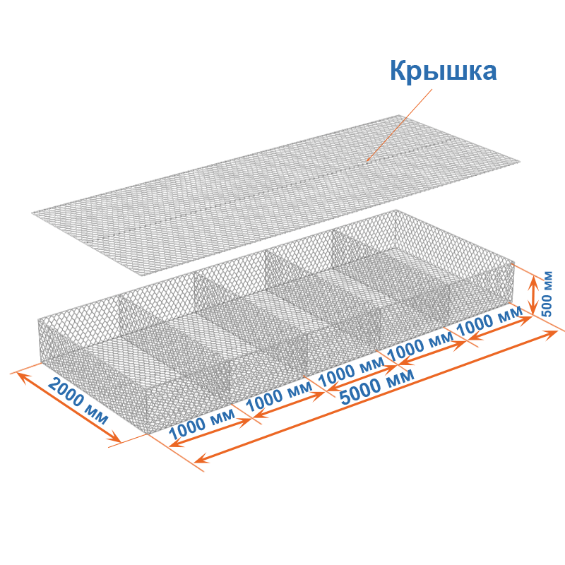 Габион матрац  ГСИ-М 5х2х0,5 оцинкованный, Ø проволоки 2,7 мм, размер ячейки 8х10 см фото