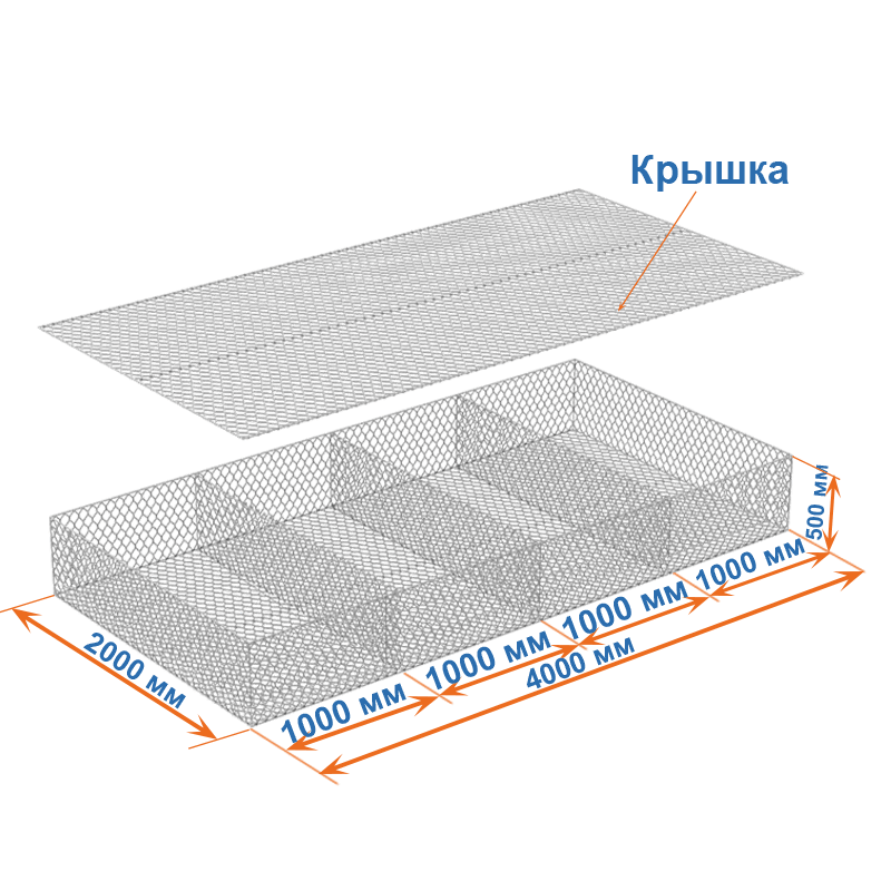 Габион матрац  ГСИ-М 4х2х0,5 оцинкованный / ЦП, Ø проволоки 2,4/3,4мм, размер ячейки 6х8 см фото